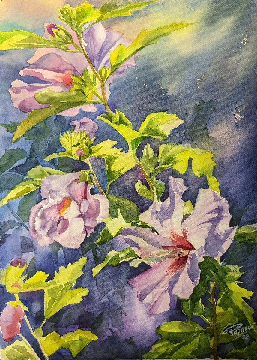 Impressionistic Botanical Watercolour By Yurii Pashkov, 15 X 22", Hibiscus, Original Artwork