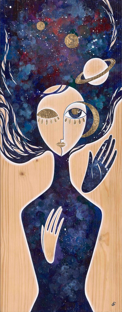 Touch of Eternity, visionary art, space girl, acrylic painting on wood by Yulia Belasla