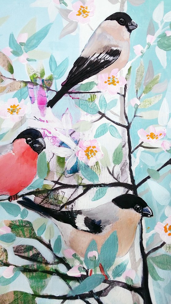 The dinner party ( Bullfinch mixed media painting )