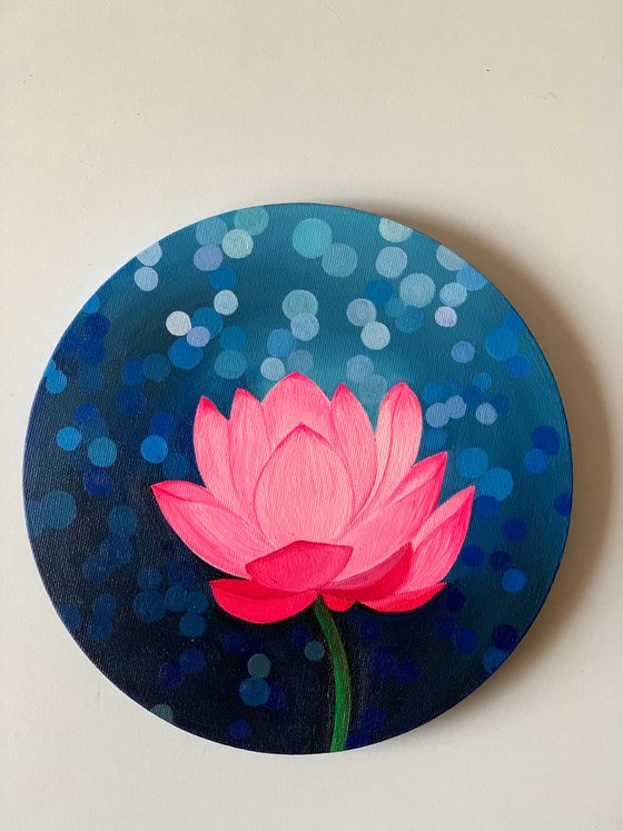 Bokeh mode Lotus! Ready to hang! Pink flower art! Blue background art