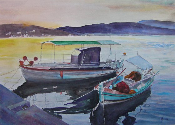 TWO FISHING BOATS IN SUNSET  /45 x 32 cm