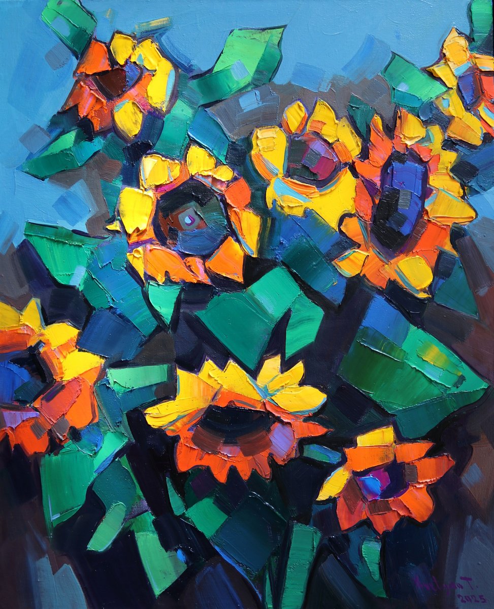 Expressive Botanical Oil Painting By Tigran Avetyan, 18 X 22", Sunflowers, Original Artwork