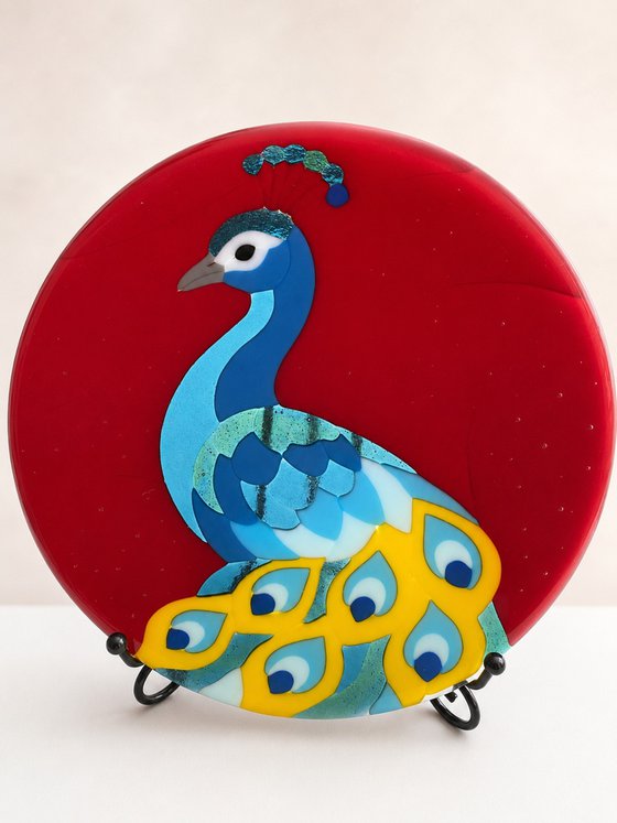 Peacock Fused Glass Bird Art