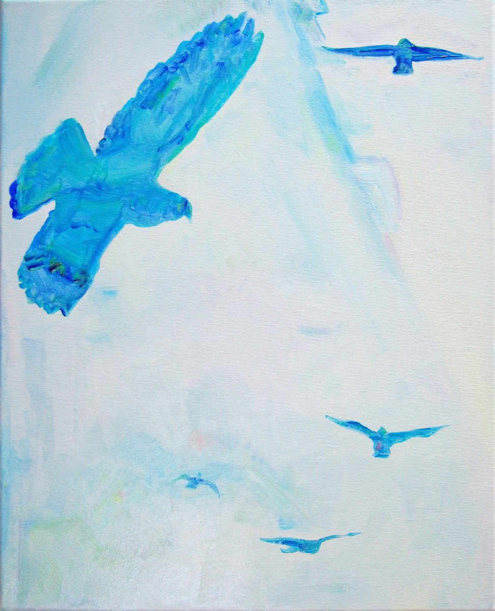 Organic Animal Oil Painting By Sebastian Rudko, 16 X 20", Blue Birds, Original Artwork
