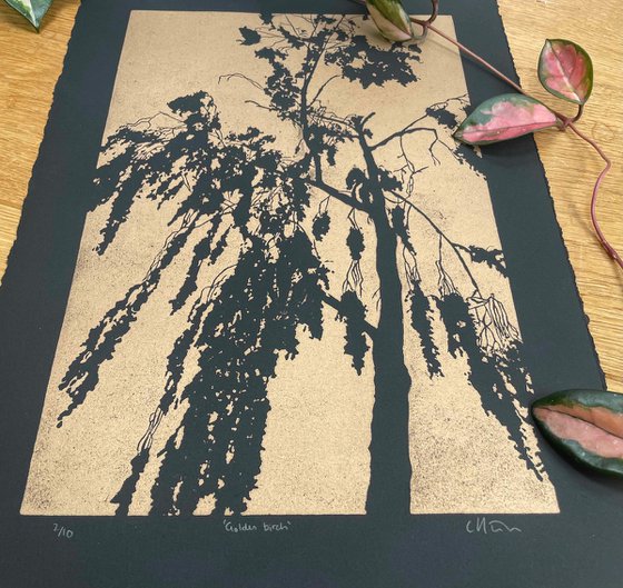 Golden Birch - Birch Linocut
