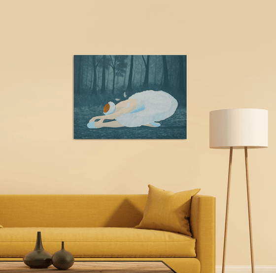 Swan Lake - ballerina position painting on frozen lake in forest; home, office decor; gift idea