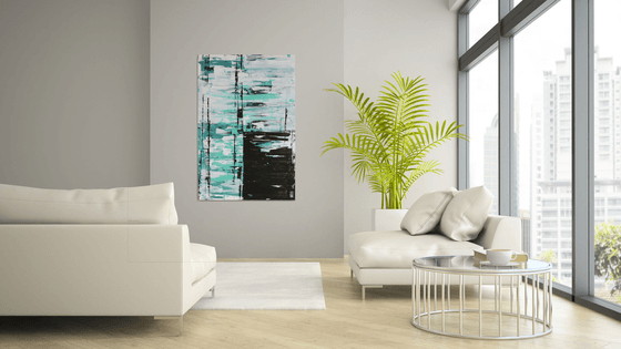 Vertical Acrylic - Static Turquoise in White - Abstract Painting - Ronald Hunter - 05J