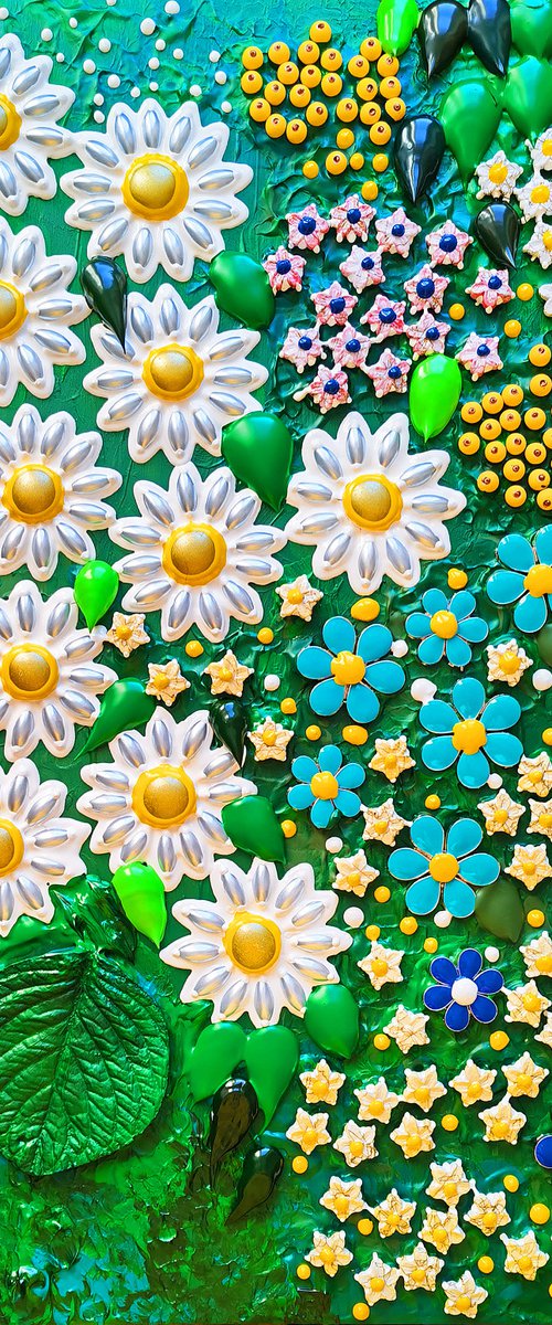 Daisies and forget-me-nots in colorful summer garden. Flowers bas-relief, mosaic by BAST