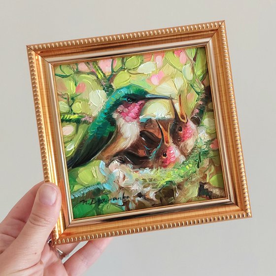 Hummingbird art oil painting original framed 5x5, Ruby throated hummingbird pink nest painting bird chicks, Sympathy gift mom