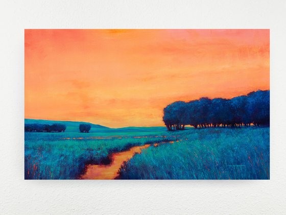 Orange Sunset 221104, sunset landscape with field & trees