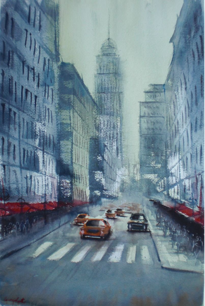 Impressionistic Cityscapes Watercolour By Giorgio Gosti, 14 X 21, Yellow Cabs In New York 5, Original Artwork