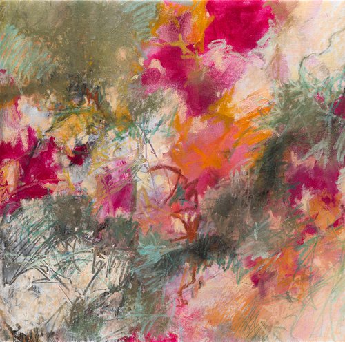 Liveliness on red, pink and grey- Abstract - Modern by Fabienne Monestier