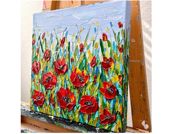 Poppies Meadow- Original Impasto Floral Painting, Palette Knife Textured Wall Art Canvas