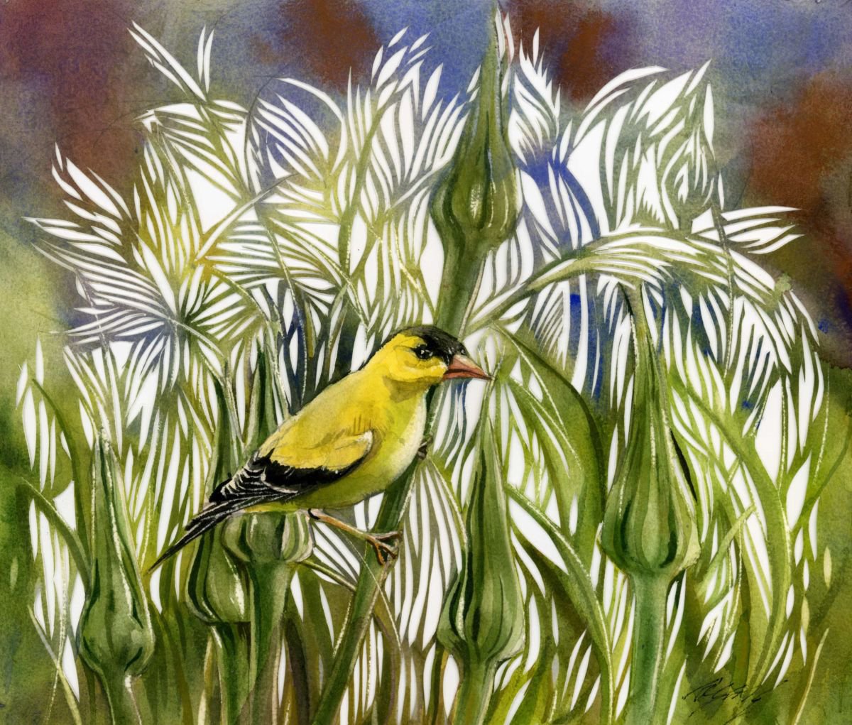 Golden finch watercolor with paper cut by Alfred Ng