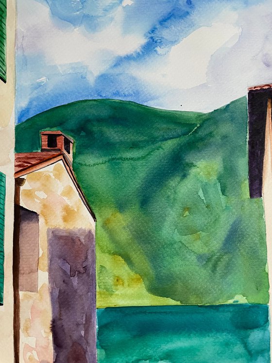 Switzerland Original Watercolor Painting, Mountain Landscape Art, Swiss Village Large Wall Art, Europe Nature