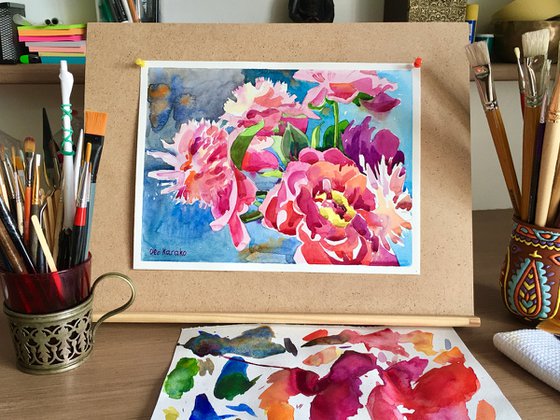 Pink and red watercolor peonies