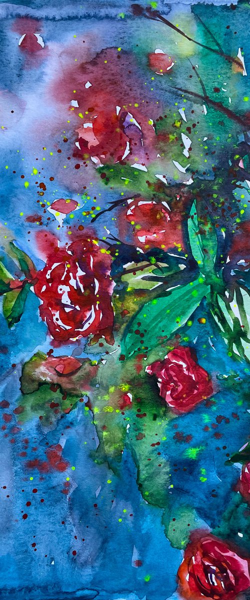 Abstract Flower Watercolor Painting, Roses Original Artwork, Red Floral Wall Art by Kate Grishakova