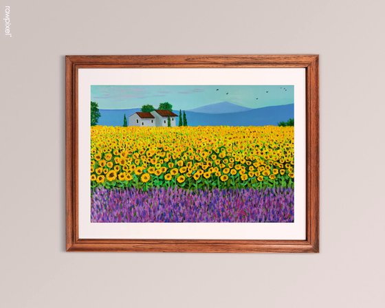 Sunflower and Lavender field! Country Landscape! House in the field! A3 size Painting on paper