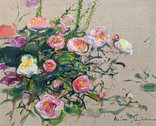Peonies on linen canvas . 65x80 cm. Large Flowers a la prima . Original oil painting by Helen Shukina