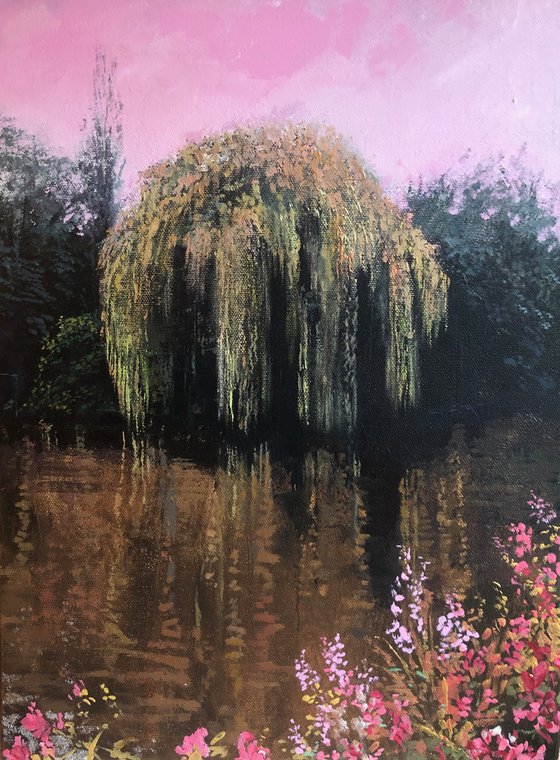 'The Elsham Willow II' Summer Peaceful Tree Reflections in Lake Impressionist Style Oil Painting