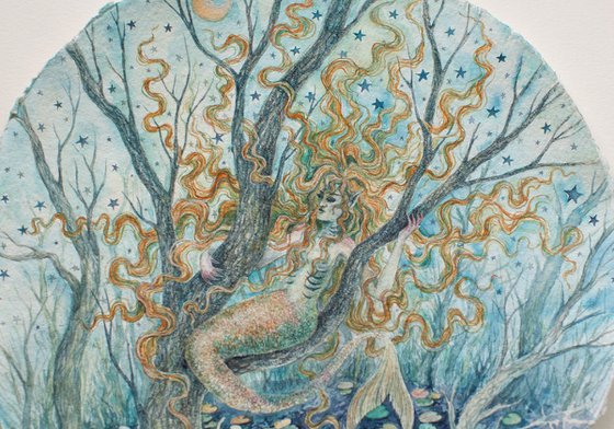 Watercolor Mermaid on the tree