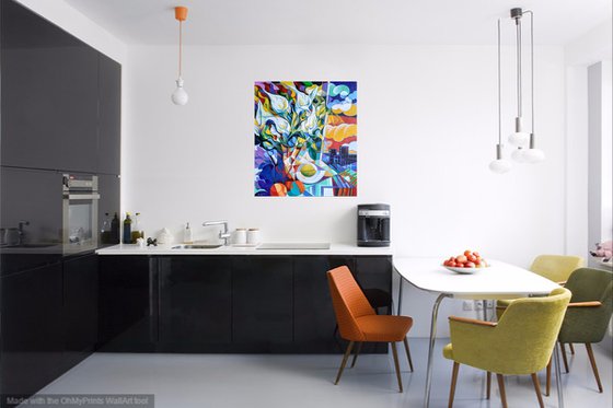 Still life with callas (80x90cm, cubism, oil painting, ready to hang)