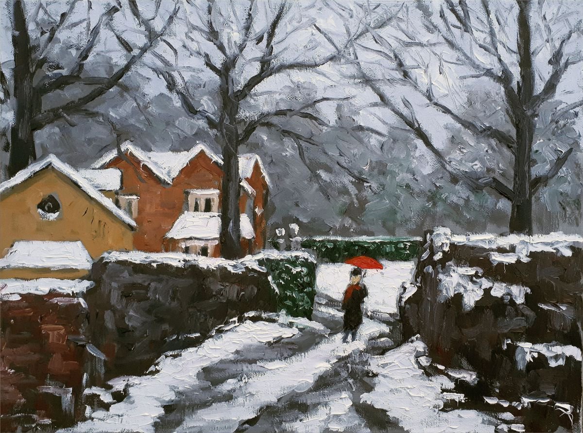 snowscene with red umbrella VI by Colin Ross Jack