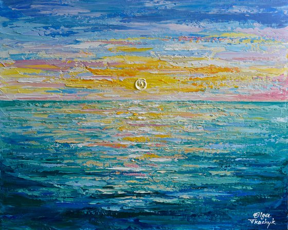 Sunrise - Impressionist seascape painting, ocean sunrise palette knife art