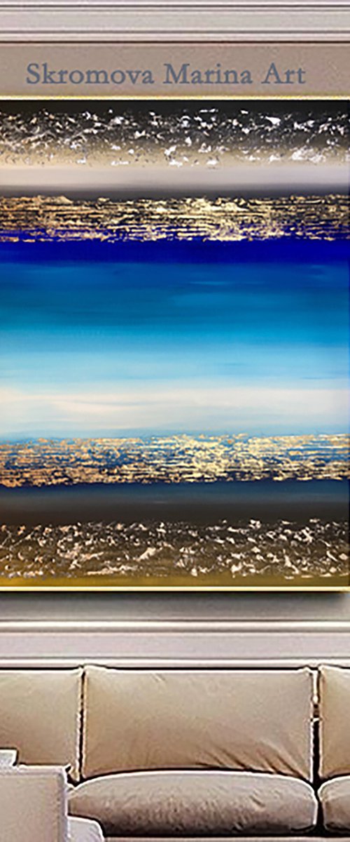 ACROSS THE OCEAN - Abstract blue sea. Marine tones. Ocean view. Gold. Very Peri. Milky Way. Luxury. Dust. by Marina Skromova