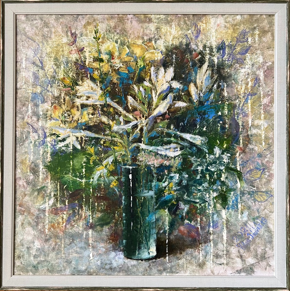 Impressionistic Still Life Oil Painting By Yulia Odukalets, 22 X 23", Sage Green Summer Flowers, Original Artwork
