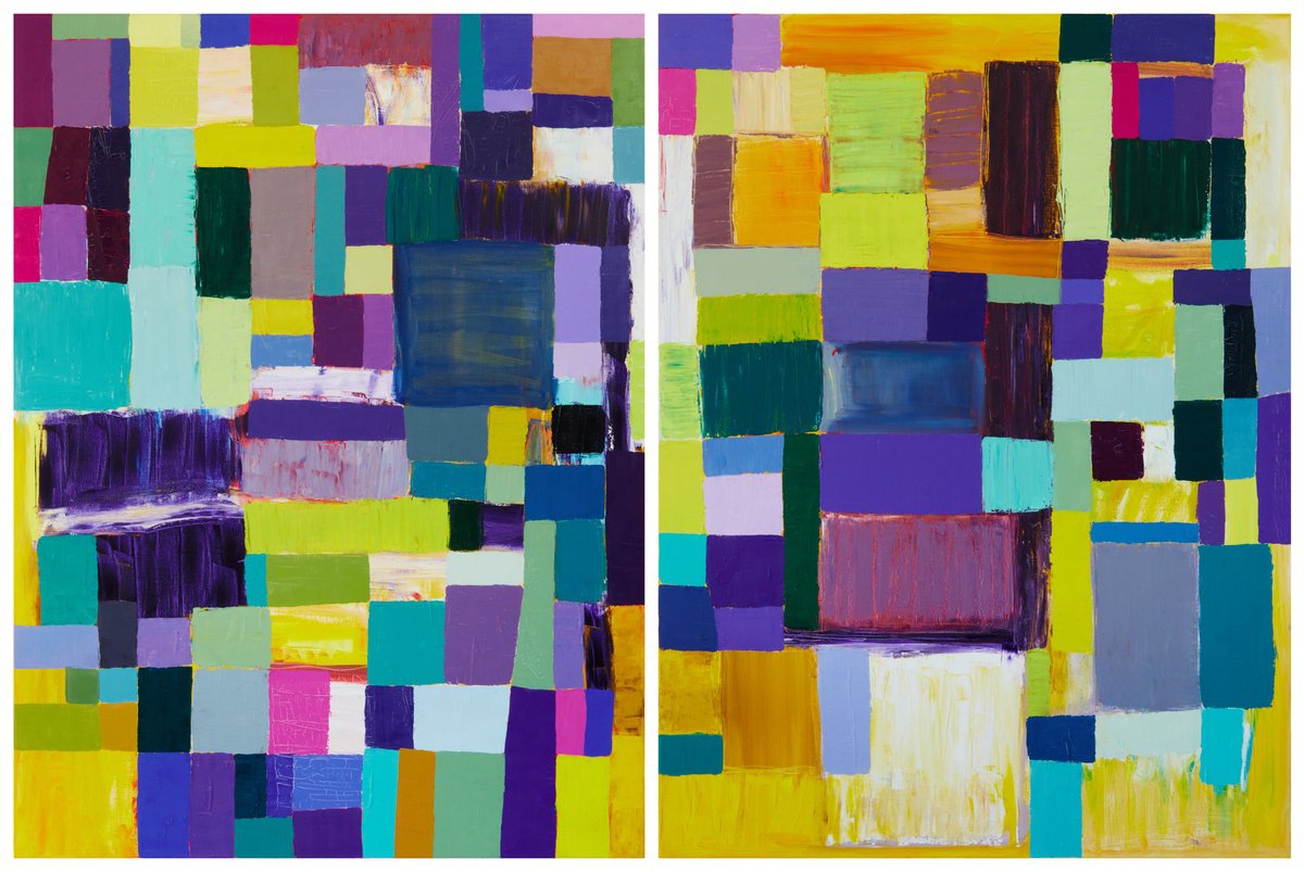 Geometric Abstract Oil Painting By Simon Findlay, 71 X 47", Squares / Yellow Purple, Original Artwork
