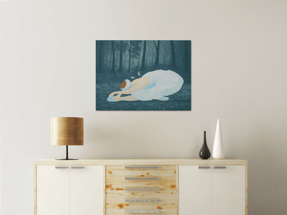 Swan Lake - ballerina position painting on frozen lake in forest; home, office decor; gift idea