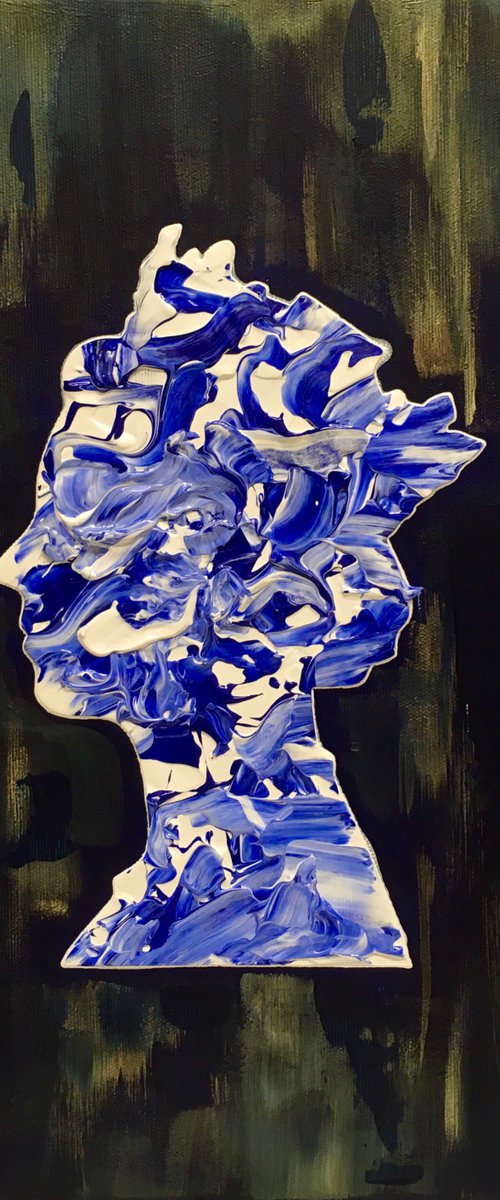 Queen # 81 on deep blue , white and ultramarine Marble Pattern  PAINTING INSPIRED BY QUEEN ELIZABETH PORTRAIT by Olga Koval
