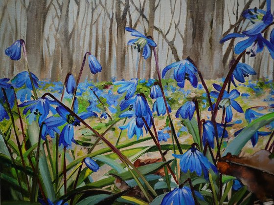 Blue Flowers Woods Art, Hyper Realistic Painting