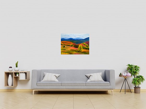 autumn mountain landscape original oil artwork impressionistic art" Red autumn in the blue mountains"