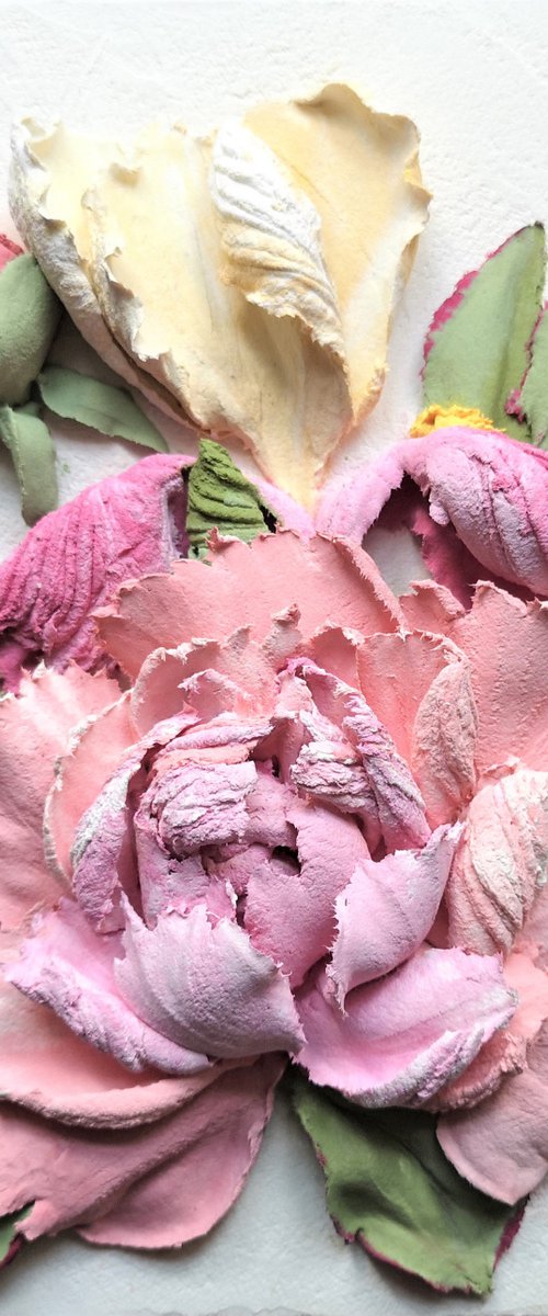Pink peonies and yellow iris impasto landscape - amazing three-dimensional painting, 25x25x5 cm by Irina Stepanova