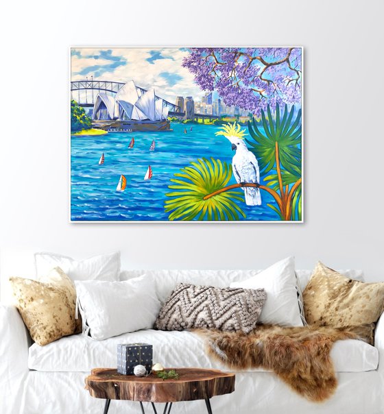 Sydney landscape with cockatoo and jacaranda