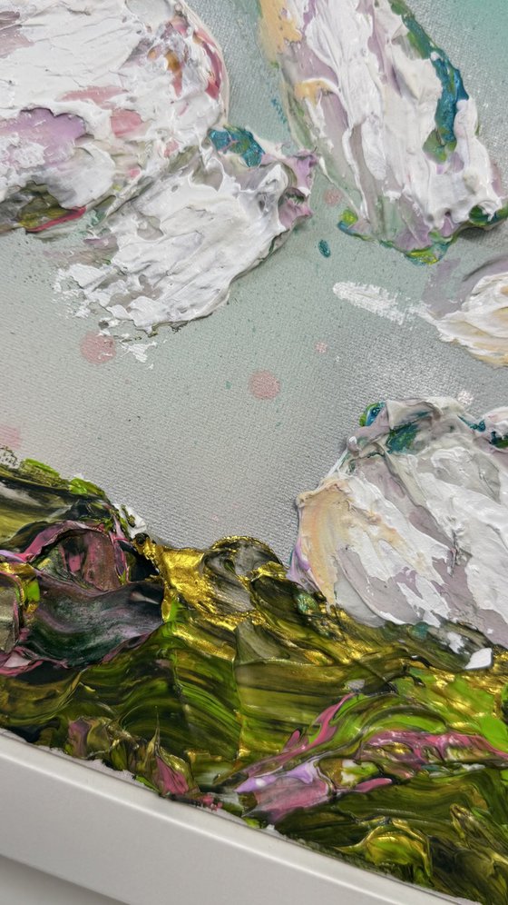 Impressionistic impasto clouds blue green