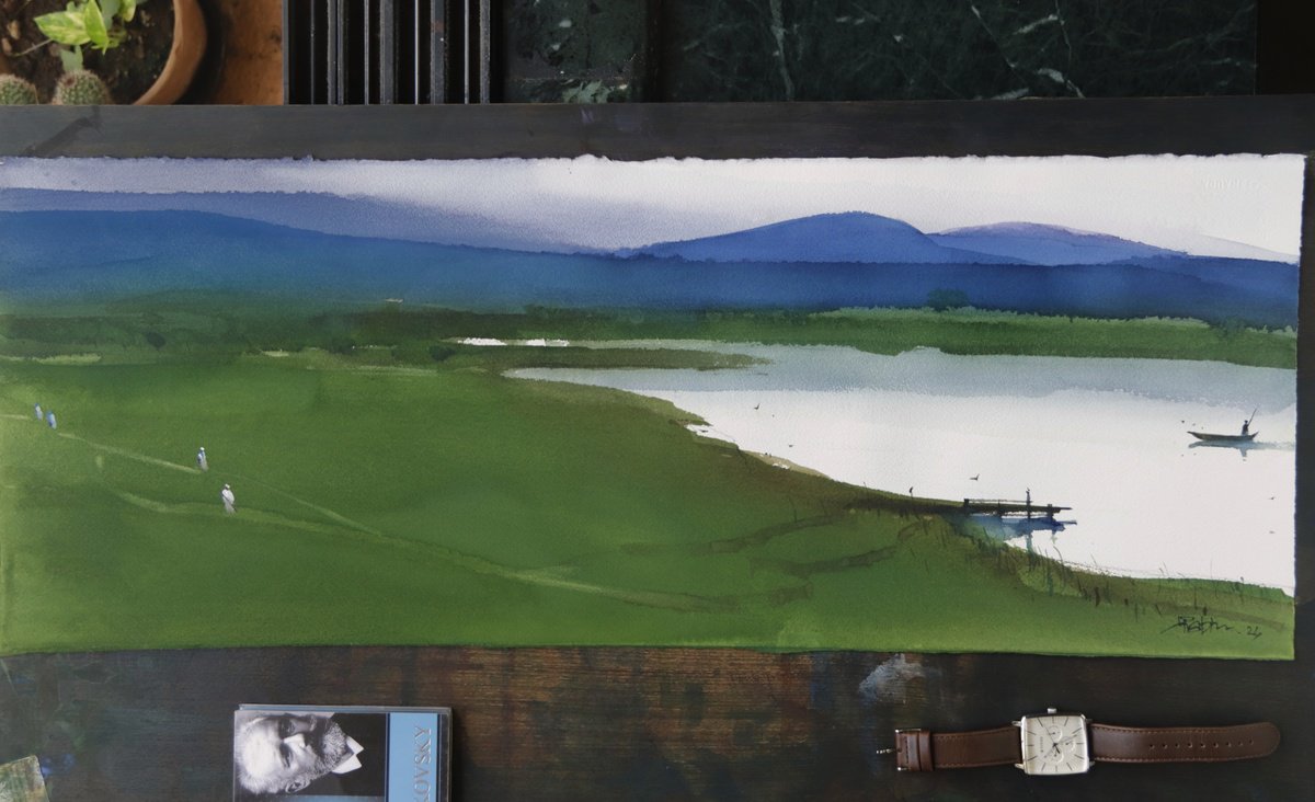 Impressionistic Landscape Watercolour By Prashant Prabhu, 30 X 11", Earth Green, Lake Wide, Original Artwork