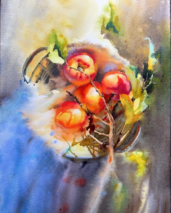 Apple painting watercolor. The Basket of Apples