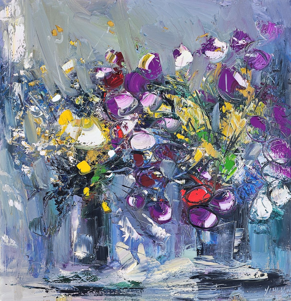 Abstract Botanical Oil Painting By Vlas Ayvazyan, 28 X 28", Whispers Of Spring, Original Artwork
