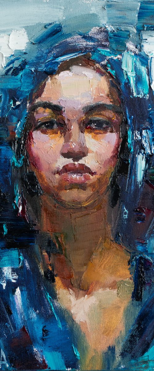 Young Woman in a Blue Headscarf by Anastasiia Valiulina