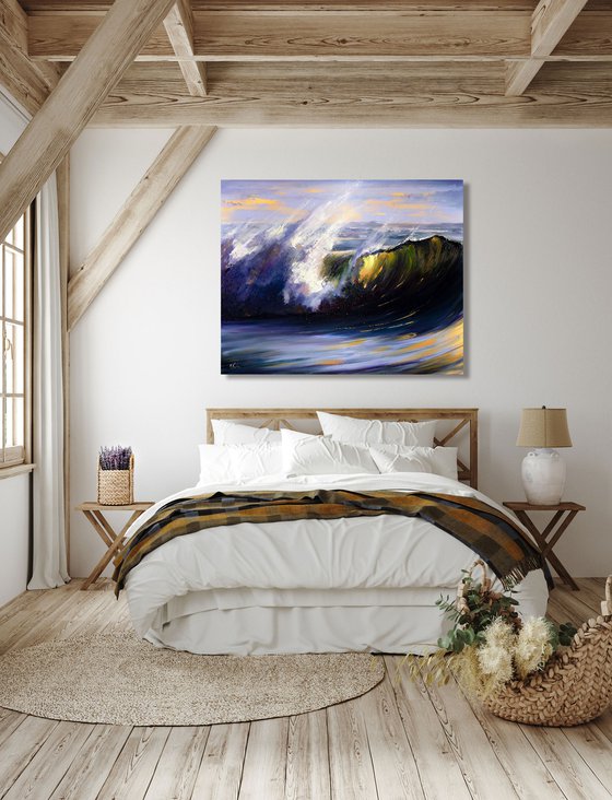 Golden Glass Wave. Seascape painting