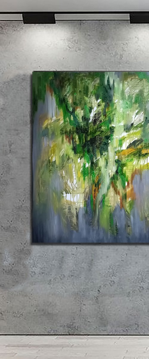 Drowning in greenery - abstraction, oil, original oil painting on canvas, drips painting, green colors, impressionism by Anastasia Kozorez