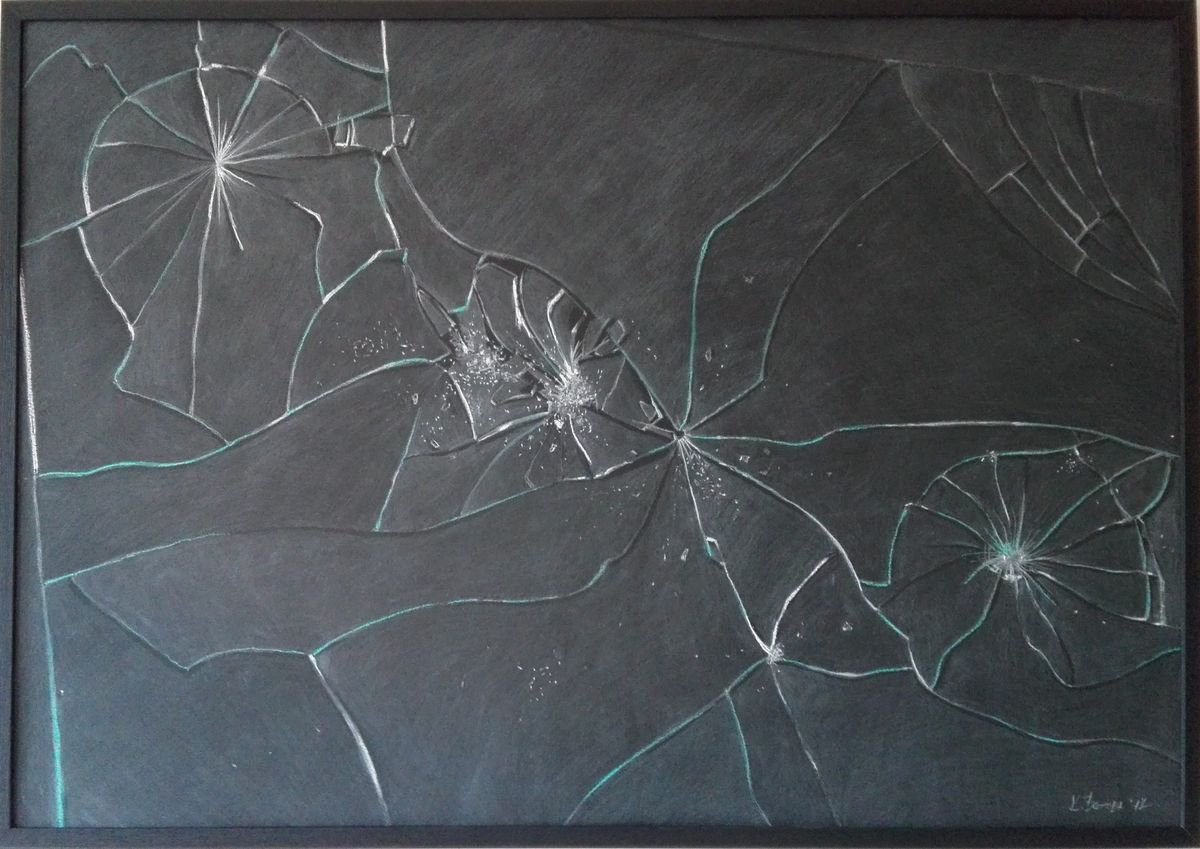 Photorealistic Still Life Drawing By Kristina Vatova, 41 X 30", "Broken Glass Brings Luck", Original Artwork