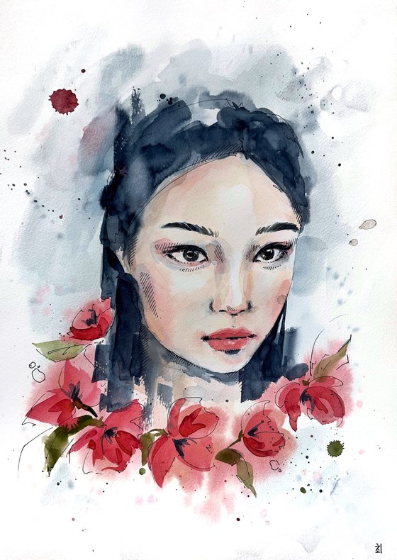 Asian woman with poppies