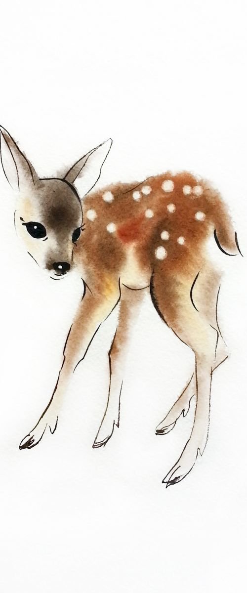 First Wobbly Steps - Fawn Baby Deer by Olga Beliaeva Watercolour