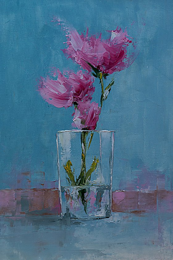 Red flowers in glas. Still life painting with flowers