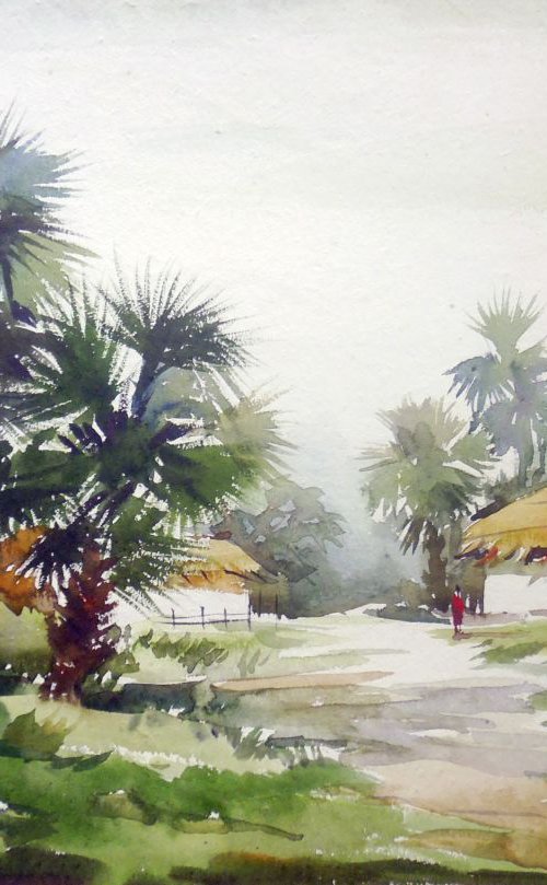 Rural Village & Palm Trees - Watercolor Painting by Samiran Sarkar