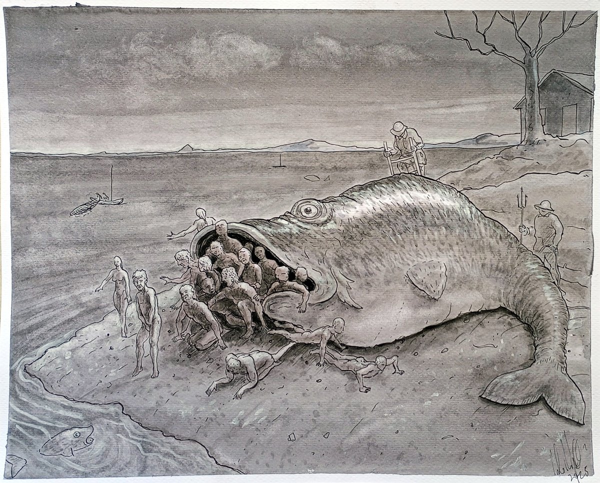 Illustrative Landscape Drawing By Paolo Beneforti, 12 X 9", The Miraculous Catch, Original Artwork